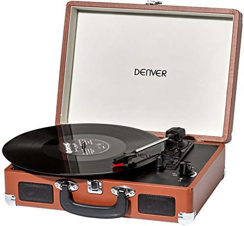 Denver VPL‑120BR Kofferplattenspieler Braun – Retro Plattenspieler mit Lautsprecher, USB Vinyl Player zum Digitalisieren, Auto‑Stopp, Schallplattenspieler Vintage mit RCA‑Ausgang