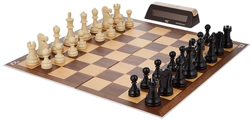 DGT Chess Starter Box Brown with Foldable Board | Weighted Plastic Chess Pieces 86mm King & DGT1002 Bonus Timer | Complete Beginner Chess Set for Learning & Lessons | Ages 3+