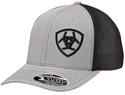 ARIAT Men's Flexfit 110 Adjustable Cap with Offset Logo, Contrast Stitching, and Mesh Snap Back, Grey/Black