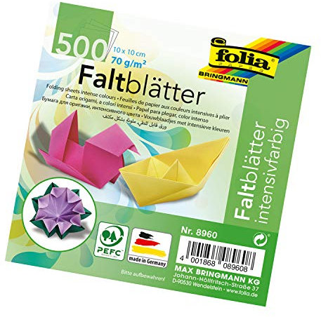 folia 8960 - Faltblätter 10 x 10 cm, 70 g/qm, 500 Blatt sortiert in 10 intensiven Farben - ideal zum Papierfalten und für andere kreative Bastelarbeiten