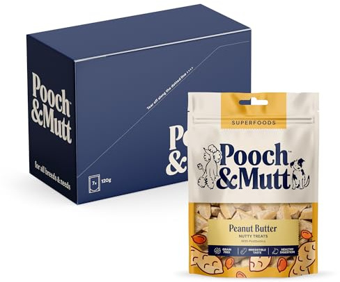 Pooch & Mutt - Peanut Butter Meaty Treats, Dog Treats Grain Free, Digestive Friendly and Vegan, Pack of 7x120g (packaging may vary)
