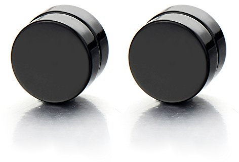 12MM Magnetico Nero Cerchio Orecchini da Uomo Donna, Click-on Fake Piercing, Finto Dilatatore Fake Plug, Acciaio, 1 Paio