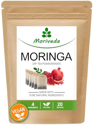 Tè Moringa 100% naturale e vegano (a scelta mix di erbe, mela cannella, melograno, zenzero, menta). Qualità 1A (20 bustine di tè Moringa-Melograno)
