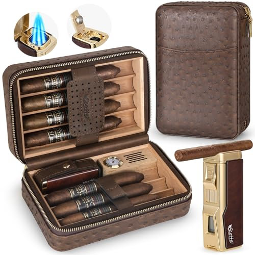 Scotte humidor per sigari, accendisigari per sigari, scatola di sigari in pelle con umidificatore e igrometro,accendino a butano con punzone per sigari, portasigari (senza butano)