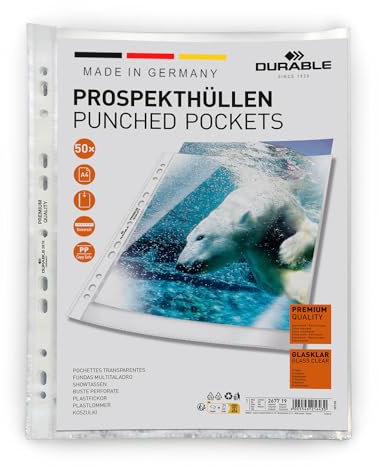 Durable Prospekthüllen A4 (Klarsichtfolien Premium, 0,08mm) Made in Germany, 50 Stück, glasklar, 267719