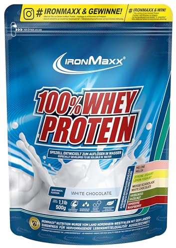 100% Whey Protein Pulver 500g White Chocolate - Leckerer High Protein Shake, 36g Eiweiß pro Portion, Power Drink für intensives Muskel-Training, Mit BCAAs und EAAs