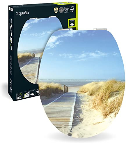 aquaSu® WC-Sitz mit Absenkautomatik | Dekor Dünenblick | High-Gloss Toilettendeckel mit Holzkern | Fast-Fix | Metallscharnier | Universale O-Form | Oval | Motiv Toilettensitz glänzend | 40218 7