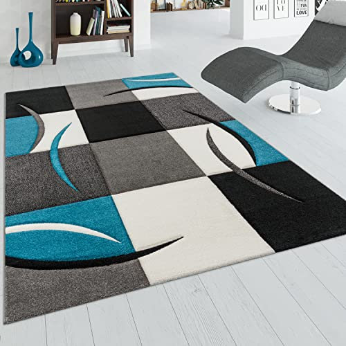 Paco Home Designer Teppich mit Konturenschnitt Karo Muster Türkis Grau, Grösse:60x110 cm