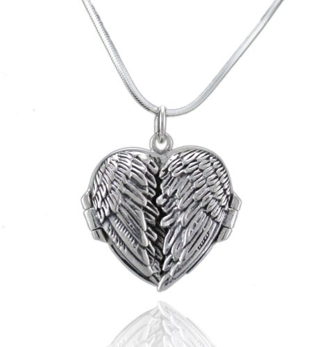 Sterlingsilver 925 änglavingar flygande hjärta medaljong hänge halsband, 45,72 cm ormkedja, sterlingsilver