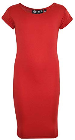 A2Z 4 Kids Girls Dresses Plain Short Sleeves Cap Slim Fit Stretch Bodycon Midi Maxi Comfortable Summer Party Fashion Dress Top Age 5-13 Years Red