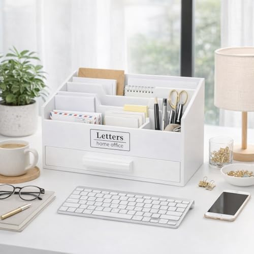 Schreibtisch-Organizer Weiß 5 Fächer eine Schublade Briefbox Holz Schreibtischorganizer Ständer Briefablage Holz Letterbox Ablage Büro Organizer Holz Schreibtisch Briefständer Briefhalter Utensilio