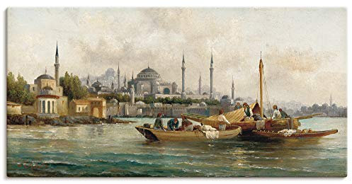 ARTLAND Wanddeko Leinwand Bilder Wandbild 150x75 cm Türkei Istanbul Moschee Boot Handelsschiffe vor der Hagia Sophia Impressionismus Anton Schoth T6PX