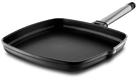 CASTEY - Grill Asador de Inducción, 22 cm, Modelo 6-P22, Color Acero Inoxidable, Mango Desmontable, Sartén Antiadherente de Aluminio, Distribución Homogénea del Calor