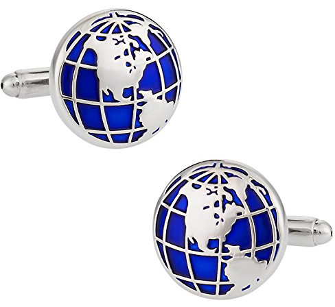 Bleu Globe Géographie Voyage Boutons de manchette avec boîte de présentation