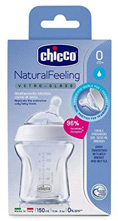 Chicco Natural Feeling Anti-Kolik Babyflasche für 0+ Monate, 150 ml, mit Weichem Silikonsauger und Doppelventil, Natürliches und Instinktives Gefühl beim Saugen, Glasflasche