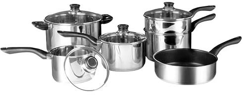 Premier Housewares Pan Set, Pots and Pans Set, Saucepan Set, Non-Stick Frying Pan, 6 Piece, Stainless Steel Cookware Set, Silver, 28 x 52 x 23 cm, (0408200)