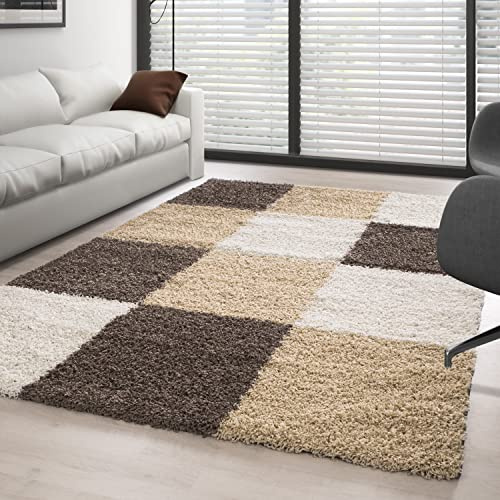 Carpettex matta med lång lugg, vardagsrum, lurvig flokati matta, modern, rutig design, 200 x 290 cm, mocka – matta, sovrum, mjuk, fluffig, tvättbar matta, kök, matsal – lång lugg, mattor