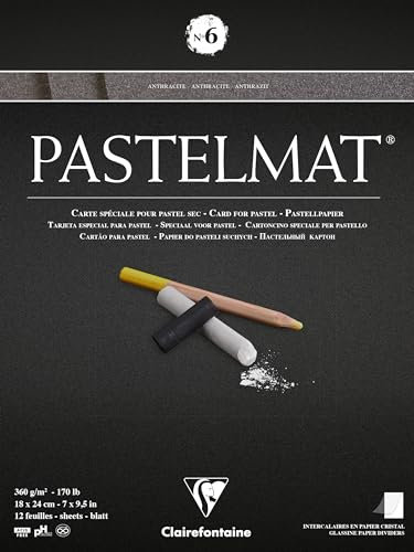 Clairefontaine 96003C Zeichenblock Pastelmat (kopfseitig geleimt, 12 Blatt, 18 x 24 cm, 360 g, mit 4 transparenten Trennblättern, Spezielkarton ideal fur Pastell und Kreide) anthrazit