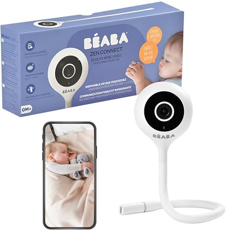 BÉABA - Babyphone Zen Connect, Baby Monitor, Videocamera Full HD 1090p, Walkie-Talkie, Portata Elevata, Connessione Smartphone e Wi-Fi, Ninnananna, Asta Flessibile, Bianco