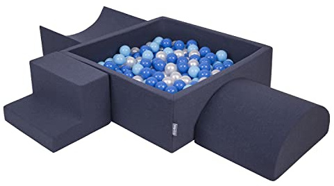 KiddyMoon Parque Infantil De Espuma con Cuadrada Piscina De Bolas (200 Bolas) para Niños, Azul Marino:Azul Claro/Azul/Perla