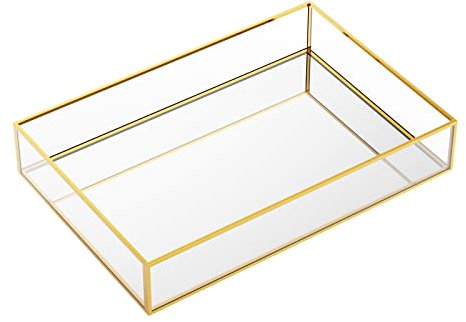 MoYouno Jewelry Box,Gold Glass Mirrored Tray,Vintage Metal Glass Storage Box,Decorative Tray Perfume Jewelry，Cosmetics Display Box,for Vanity, Bedroom (Golden-L)