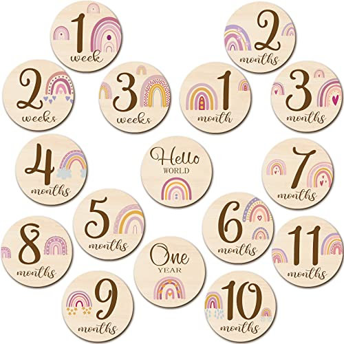 Tiamon 16 Pcs Baby Monthly Milestone Cards Wooden, Rainbow