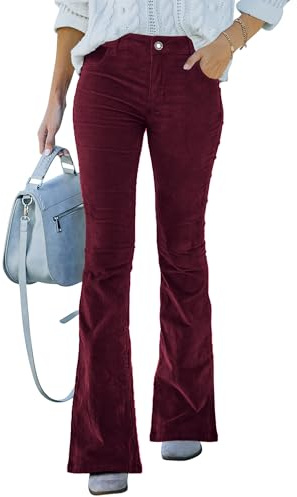 Corduroy Pants for Women High Waist Flare Pants Vintage Baggy Wide Leg Bell Bottom Trousers Pants with Pockets Red