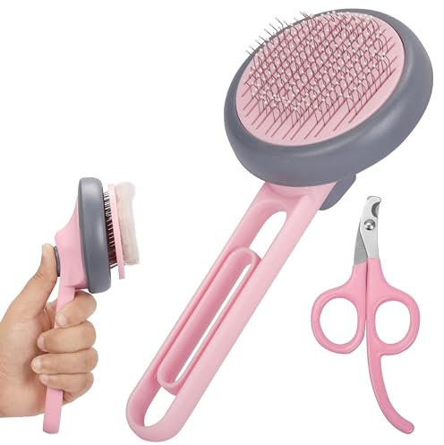 BELLE VOUS Pflegeset für Haustiere - Selbstreinigende Katzenbürste Hundebürste und Nagelknipser für langhaar und kurzhaar Katzen und Hunde - Haustier Bürste für Unterwolle - Rosa
