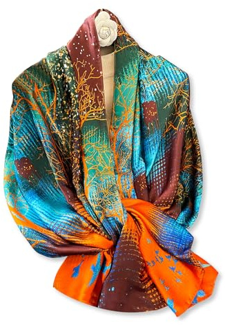 LumiSyne Femme Foulard En Soie Imprimé Peinture à l'Huile Fleur Motif Arbre Style Artistique Coloré Dames Echarpe Longue Grande Légère Chaude Châle Étole Hijab De Protection Solaire Sarong De Plage