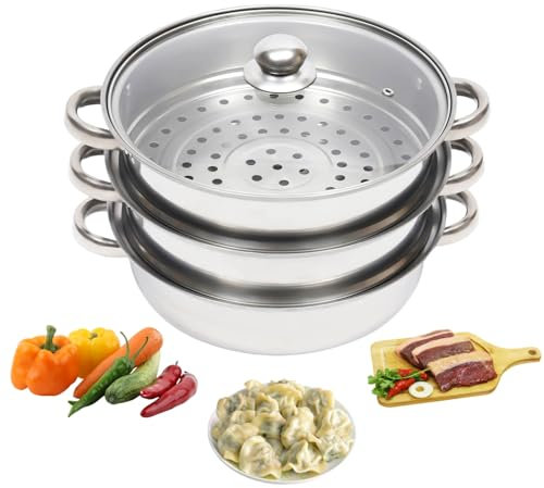 Charocean 28cm Steamer Pans 3 Tier Steamer Cooker Pot Set Stainless Steel Steamers Food Steam Pot with Vented Glass Lids, Dumpling Steamers, Induction Safe