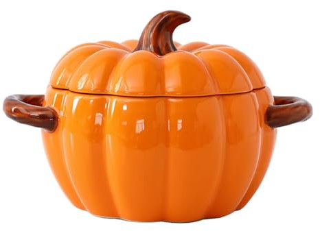 Justup Ciotola per zuppa con manico, 1,9 l, in ceramica, per zuppa di zucca, in ceramica, con coperchio, decorazione di Halloween, pentole Stockpot per la casa (arancione)
