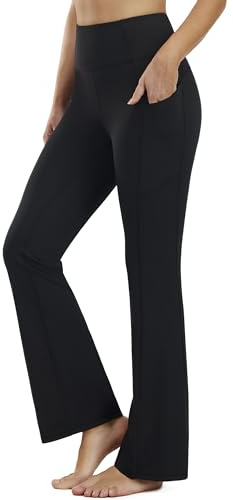 Persit Pantalon évasé Bootcut pour femme, pantalon de yoga, de sport, de jazz avec poches latérales, Noir , M