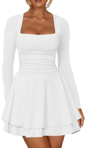 Kaximil Women's Square Neck Ruffle Hem Mini Dress Ruched Waist Long Sleeve Corset Short Party Dresses, Medium, White