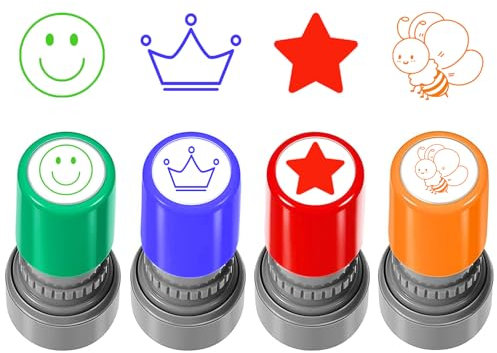 4 Stück Selbstfärbende Lehrer Stempel, Lob Ermutigung Kinder, Lehrer Bewertung Belohnung Motivation Briefmarken, Bunte Cartoon Stempel Lob Siegel Ermutigung, Belohnungsstempel Set