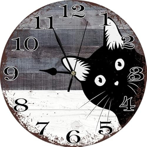 Geroclonup Orologio da parete a forma di gatto, funzionamento a batteria, silenzioso, senza ticchettio, vintage, rotondo, decorativo, per casa, cucina, soggiorno, ufficio, bagno, camera da letto (25,4