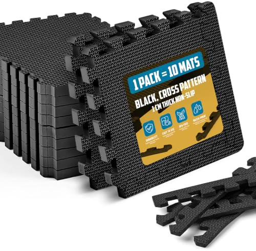 Blado 10 Tiles Interlocking foam Mat - 31x31cm Eva floor tiles with edges | Heavy duty workout mat - gym flooring, garage flooring, under pool mat - Non Slip Puzzle rubber matting (Pack of 1, Black)