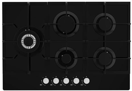 Statesman GH175GB 5 Burner Gas Hob Cooktop, Front Dial Control, Automatic Ignition, 5 Burners: 1 Wok, 1 Rapid, 2 Semi-Rapid and 1 Simmer, 75 cm, Front Dial Control, Automatic Ignition, Black