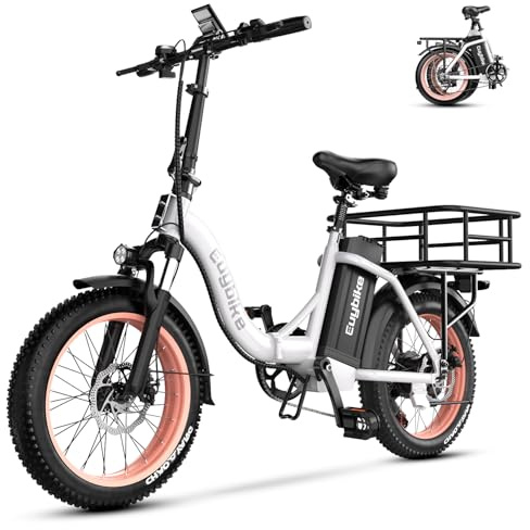 EUYBIKE Folding Electric Bike for Adults with 1000W Peak Motor, 48V 20AH Battery up to 80 Miles, 20 Fat Tire Ebike, Front Suspension City Commuter Step-Thru E Bike Pink White with Basket