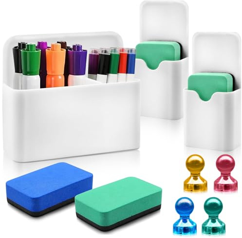 TEBOKHAD 3 Pièces Porte-Stylos Magnétiques, Magnétique Porte Marqueur Avec 2 éponge Magnétique & 4 Broches, Pot à Stylos, Pour Réfrigérateur Tableau Magnétique Maison Bureau école