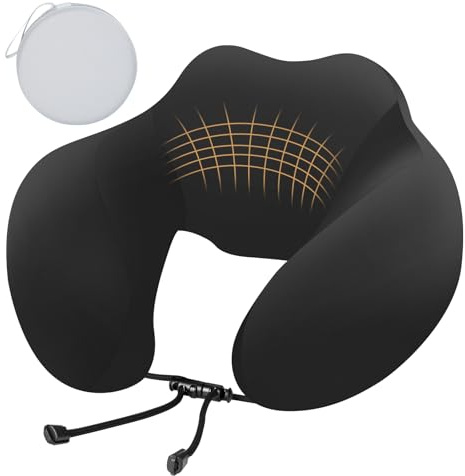 Cozary Cuscino da viaggio a forma di U, cuscino cervicale con rivestimento in seta ghiacciata, supporto ergonomico a 360°, cordino regolabile, custodia rigida – Per aereo, auto, treno – Nero