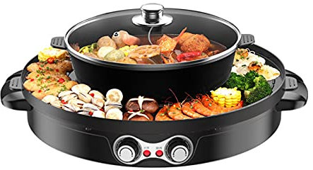 2 in 1 Hotpot und Raclette grill, Hot Pot Elektrischer, Korean BBQ Grill, Antihaft-Beschichtung, Heizelement aus Edelstahl, Küche aus Fernost als Tischgrill, Elektrogrill und Asia Fondue