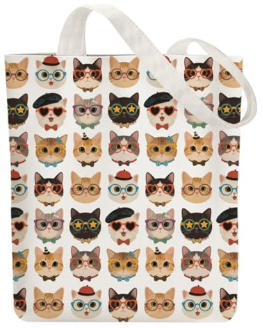 ANATTASOUL Bolsa de Tela Impresa Gato divertido, Tote Bag Tela Mujer,Shopper Algodón 38 * 40cm, Beige Bolsa de Transporte para Mujer, Saco Tote Bag de Lona Regalo con Cierre de Cremallera