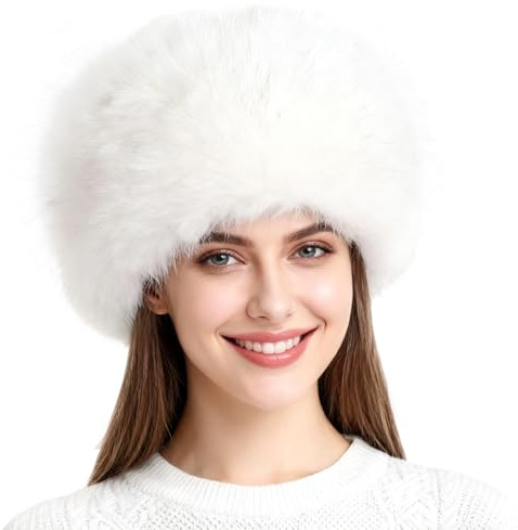 Gkhlg 1 Piece Fluffy Hat Women's Winter Cossack Hat Russian Style Faux Fur Warm Stylish for Women Ladies Girls for Winter Daily Wear Party Photoshoot Ski White
