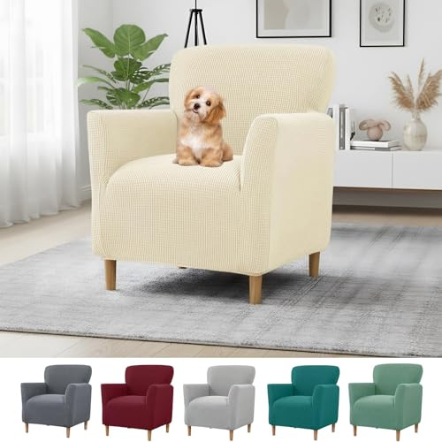 YushengTai Sessel Überzug mit Armlehnen – Dehnbarer Sesselbezug Stretch aus Weichem Strickstoff, Elastische Sesselhussen Stretch für Wohnzimmer, Waschbarer Bezug für Clubsessel & Ohrensessel (Beige)