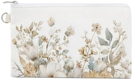 Sac portefeuille en toile, citrouille blanche, fleurs sauvages, vignes et tournesol, porte-monnaie, porte-monnaie à fermeture éclair, petite trousse de maquillage