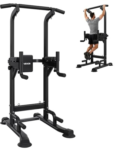 VEVOR Pull Up Bar, 330 LBS Power Tower Dip Station, Workout Dip Station with H-Shaped Stable Base & Back Pad, Adjustable 12 Level Height Free Standing Chin Up Bar for Back, 4-Level Adjustable Back Pad