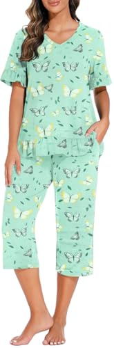 PrinStory Pyjamas For Women Short Sleeve T Shirt and Capri Pants V Neck Pjs Sets With Pockets