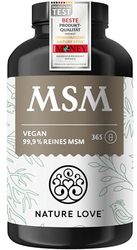 NATURE LOVE® MSM Kapseln - 365 Kapseln - 99,9% Reinheit - Hochdosiert mit 1600mg MSM Pulver je Tagesdosis - Optimal Bioverfügbar - Vegan, Laborgeprüft und in Deutschland hergestellt
