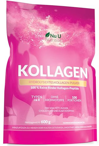 Kollagen Pulver 600g aus Weidehaltung - 100 Portionen - Collagen Hydrolysat, Peptide Eiweiss Pulver - Kollagen Typ 1 & 2 - Geschmacksneutral - Kolagenpulver Hochdosiert - Nu U Nutrition