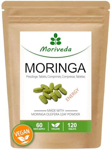 MoriVeda Moringa Energy Tabs 950mg I pellet pressati vegani I prodotto naturale puro in qualità oleifera I 120 compresse